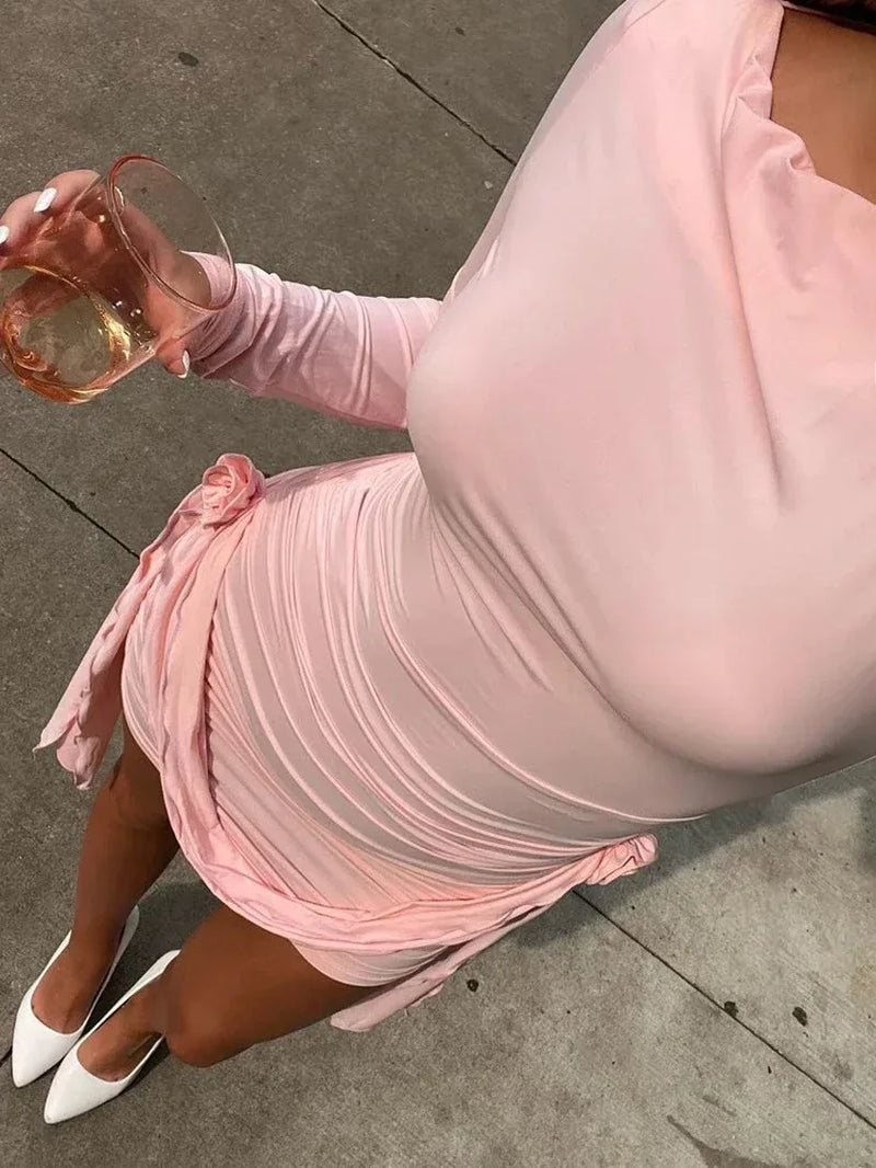 Pleated Long Sleeve Mini Dress Floral Designer Holiday Slim Patchwork Fashion Elegant Solid Dress for Women Y2K Dress 2023