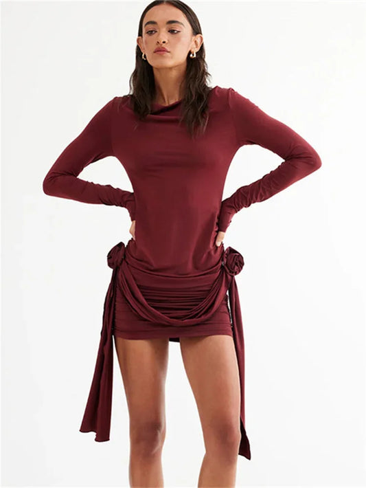 Pleated Long Sleeve Mini Dress Floral Designer Holiday Slim Patchwork Fashion Elegant Solid Dress for Women Y2K Dress 2023