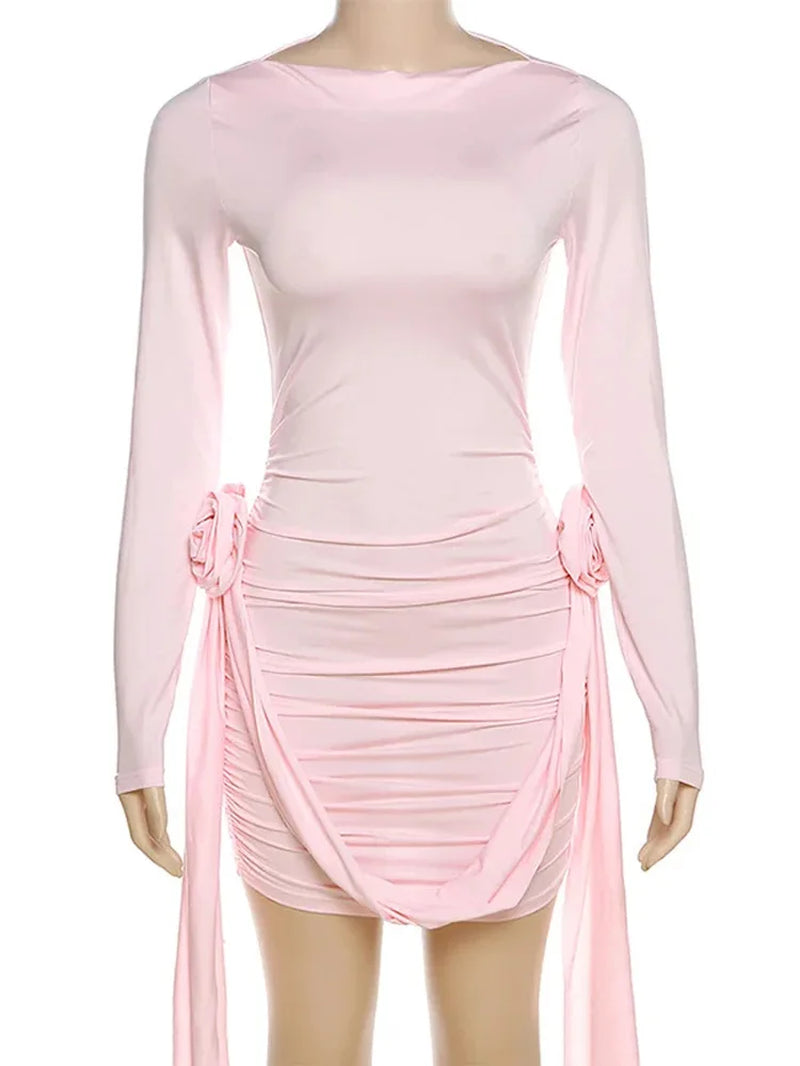 Pleated Long Sleeve Mini Dress Floral Designer Holiday Slim Patchwork Fashion Elegant Solid Dress for Women Y2K Dress 2023