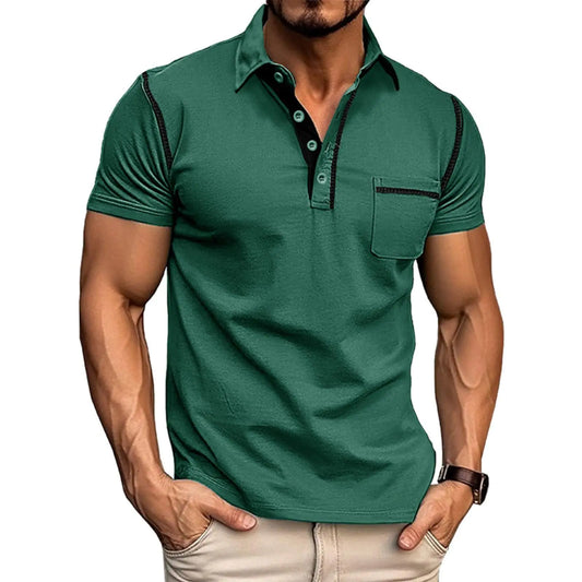 Mens Fashion Polo Shirts Classic Short Sleeve Lightweight Button Cotton T-Shirt Casual Golf Tee Tops with Pocket DarkGreen