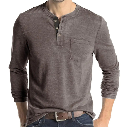 Henley Long Sleeve T-Shirt Mens Fashion Cotton Casual Shirt Classic Button Basic Tops with Pocket